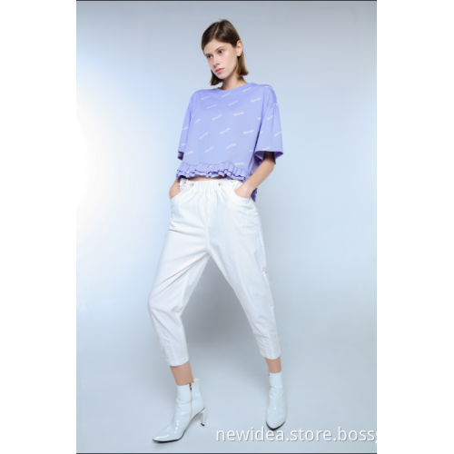 LADIES CROPPED PRINT T-SHIRT WITH FRILLS